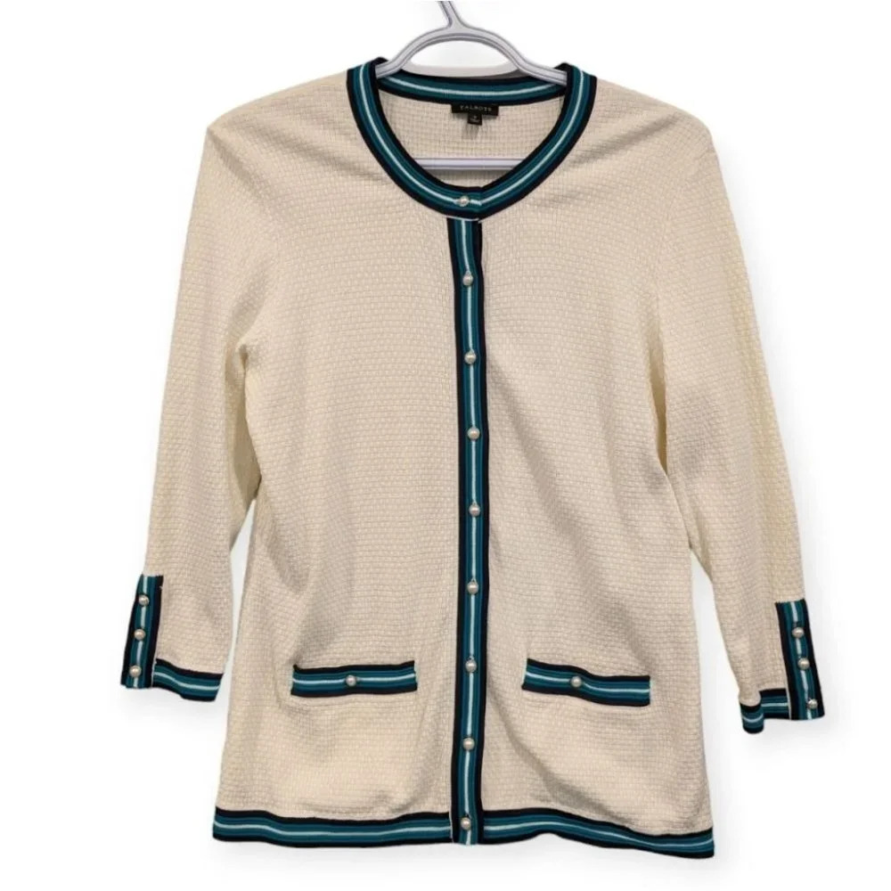 Talbots Beige Green Stripe Textured Tipped Cardigan Woman Small Pearl Button